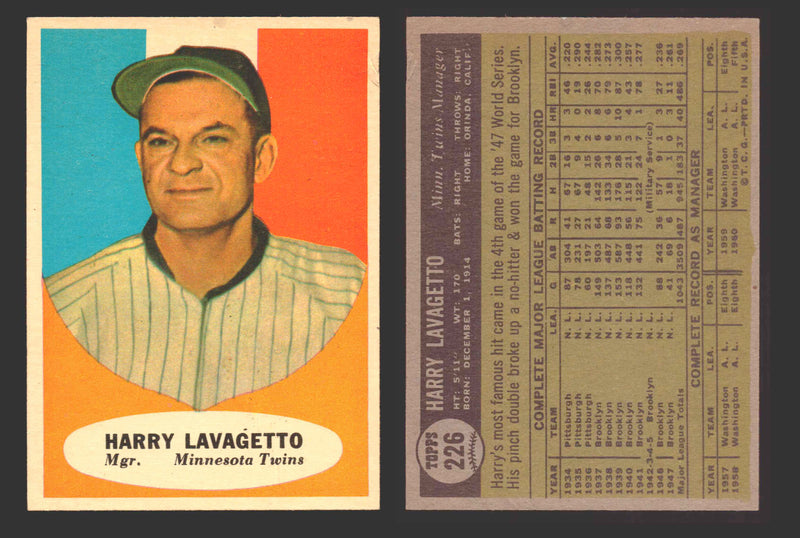 1961 Topps Baseball Trading Card You Pick Singles #200-#299 VG/EX #	226 Cookie Lavagetto - Minnesota Twins  - TvMovieCards.com