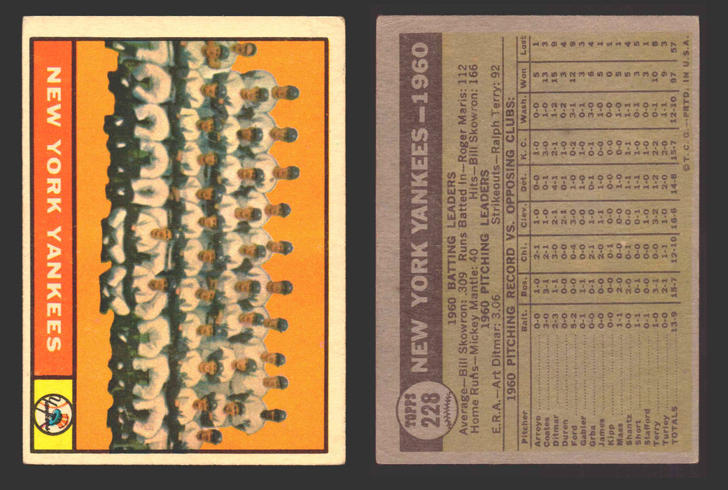 1961 Topps Baseball Trading Card You Pick Singles #200-#299 VG/EX #	228 New York Yankees Team  - TvMovieCards.com