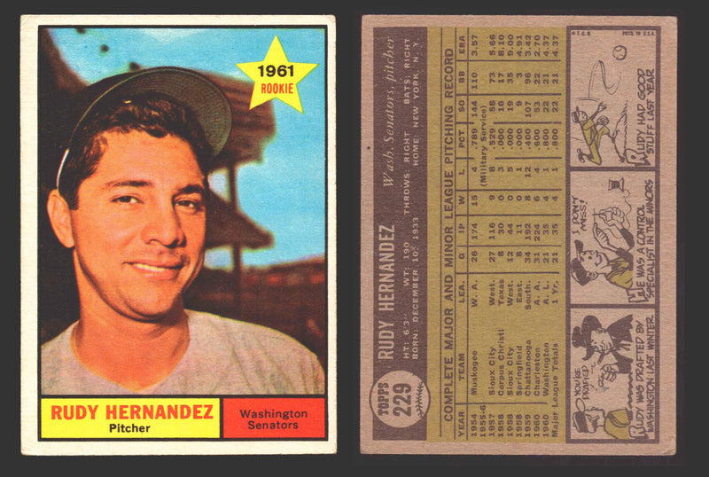 1961 Topps Baseball Trading Card You Pick Singles #200-#299 VG/EX #	229 Rudy Hernandez - Washington Senators RC  - TvMovieCards.com