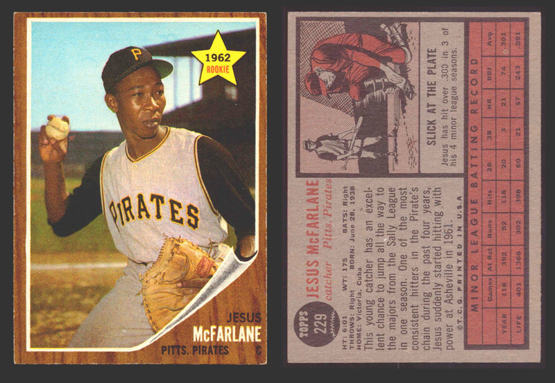 1962 Topps Baseball Trading Card You Pick Singles #200-#299 VG/EX #	229 Jesus McFarlane - Pittsburgh Pirates RC  - TvMovieCards.com