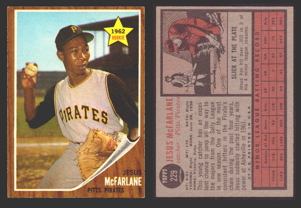 1962 Topps Baseball Trading Card You Pick Singles #200-#299 VG/EX #	229 Jesus McFarlane - Pittsburgh Pirates RC  - TvMovieCards.com