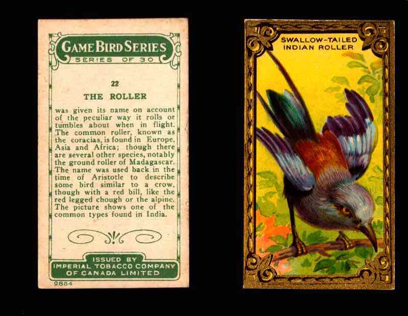 1910 Game Bird Series C14 Imperial Tobacco Vintage Trading Cards Singles #1-30 #22 The Roller  - TvMovieCards.com