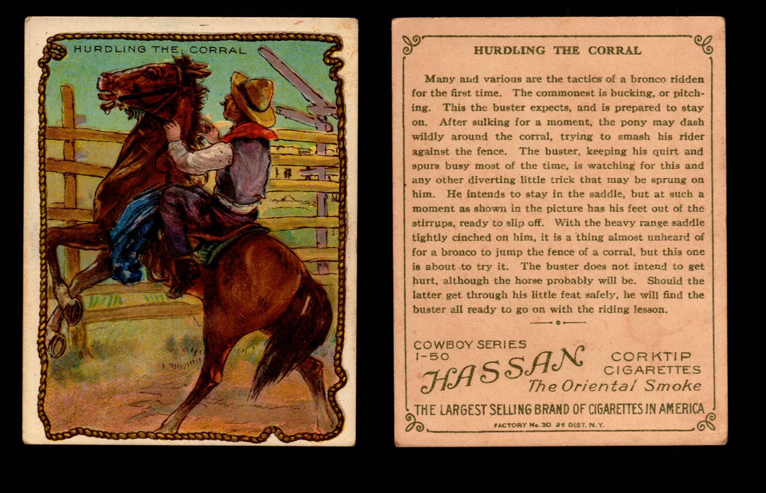 1909 T53 Hassan Cigarettes Cowboy Series #1-50 Trading Cards Singles #22 Hurdling The Corral  - TvMovieCards.com