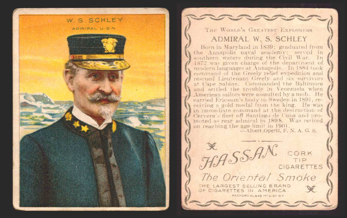 1910 T118 Hassan Cigarettes World's Greatest Explorers Trading Cards Singles #22 W.S. Schley Admiral USN  - TvMovieCards.com