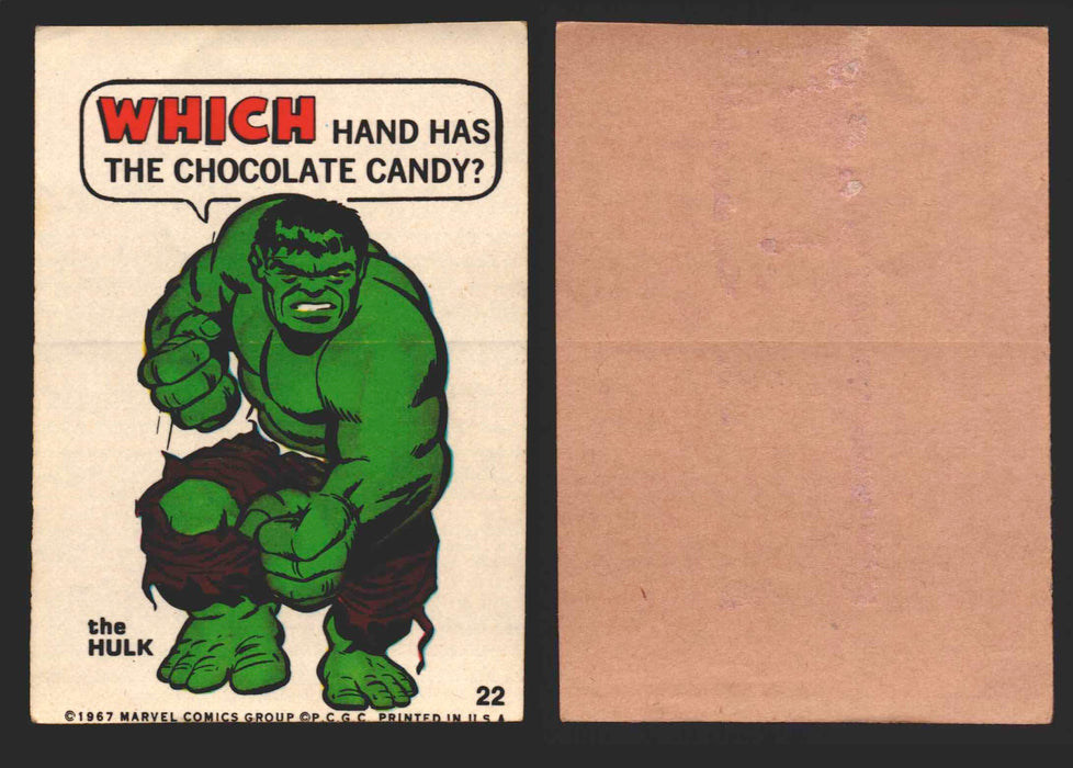 1967 Philadelphia Gum Marvel Super Hero Stickers Vintage You Pick Singles #1-55 22   The Hulk - Which hand has the chocolate candy?  - TvMovieCards.com