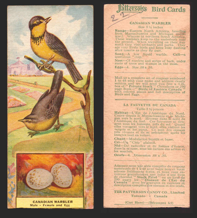 1924 Patterson's Bird Chocolate Vintage Trading Cards U Pick Singles #1-46 22 Canadian Warbler  - TvMovieCards.com