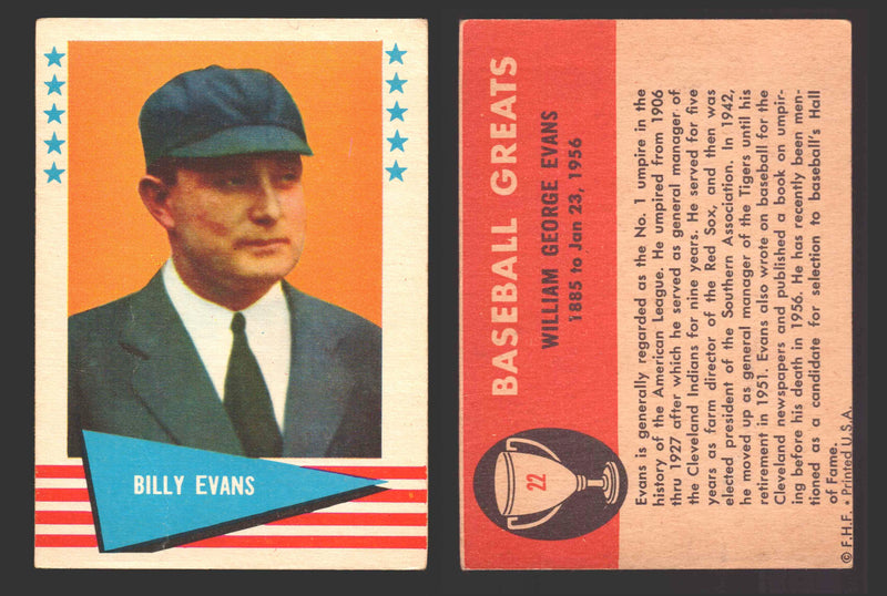 1961 Fleer Baseball Greats Trading Card You Pick Singles #1-#154 VG/EX 22 Billy Evans  - TvMovieCards.com