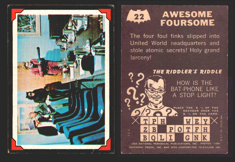 Batman Riddler Back Vintage Trading Card You Pick Singles #1-#38 Topps 1966 #	 22   Awesome Foursome  - TvMovieCards.com