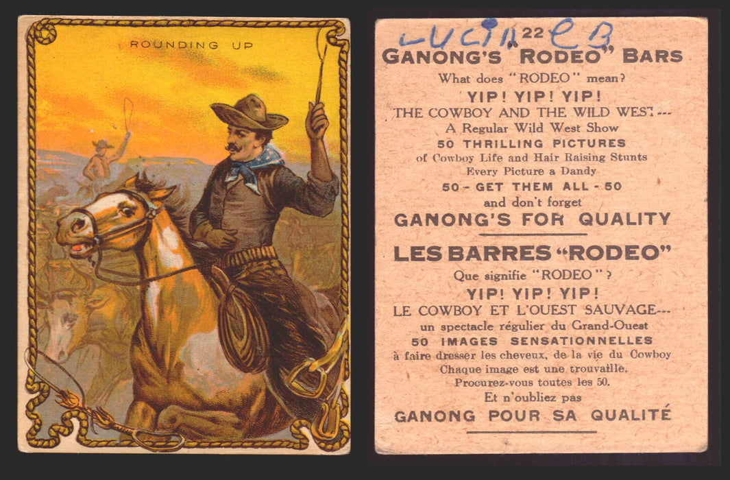1930 Ganong "Rodeo" Bars V155 Cowboy Series #1-50 Trading Cards Singles #22 Rounding Up  - TvMovieCards.com