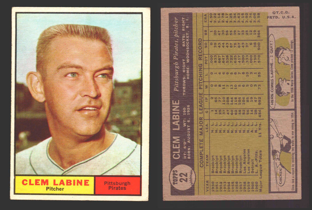 1961 Topps Baseball Trading Card You Pick Singles #1-#99 VG/EX #	22 Clem Labine - Pittsburgh Pirates  - TvMovieCards.com