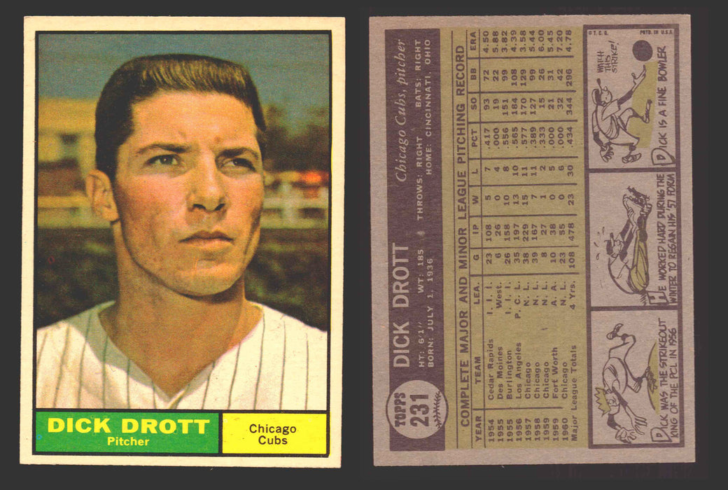 1961 Topps Baseball Trading Card You Pick Singles #200-#299 VG/EX #	231 Dick Drott - Chicago Cubs  - TvMovieCards.com