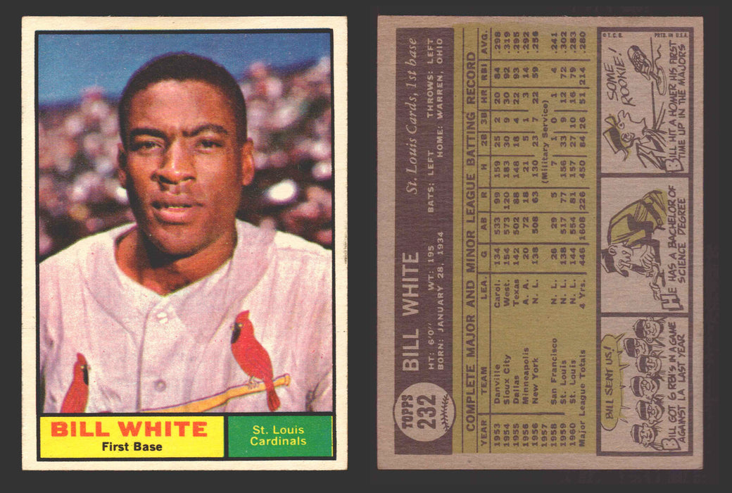 1961 Topps Baseball Trading Card You Pick Singles #200-#299 VG/EX #	232 Bill White - St. Louis Cardinals  - TvMovieCards.com