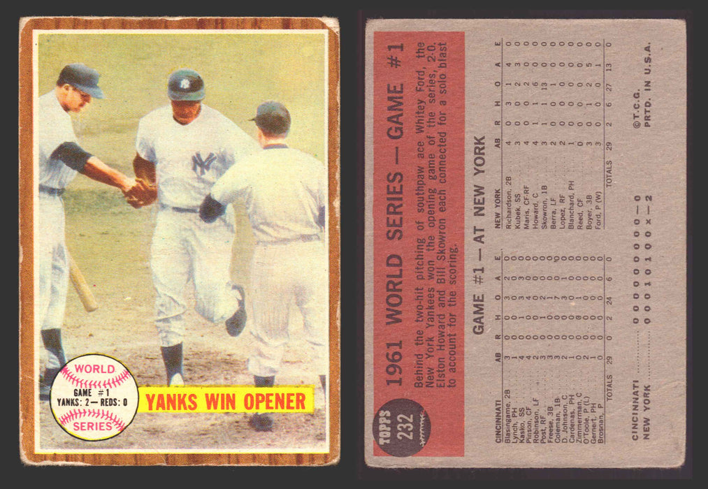 1962 Topps Baseball Trading Card You Pick Singles #200-#299 VG/EX #	232 World Series Game 1 - Yanks Win Opener  - TvMovieCards.com