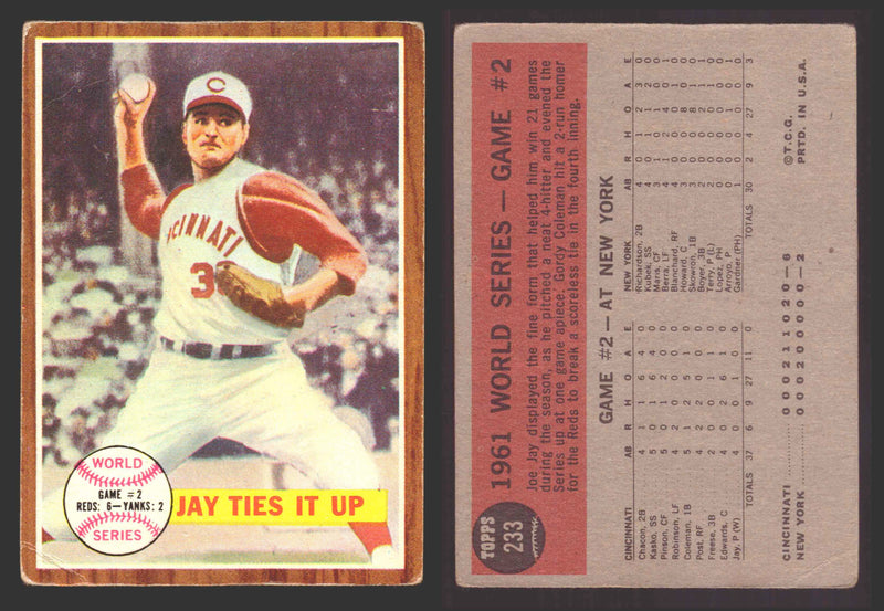 1962 Topps Baseball Trading Card You Pick Singles #200-#299 VG/EX #	233 World Series Game 2 - Jay Ties It Up (creased)  - TvMovieCards.com