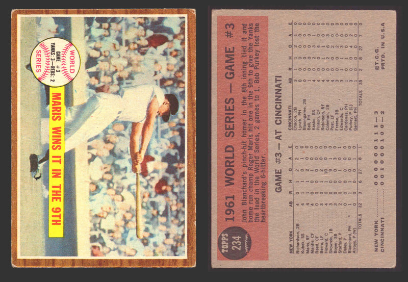 1962 Topps Baseball Trading Card You Pick Singles #200-#299 VG/EX #	234 World Series Game 3 - Maris Wins It In The 9th  - TvMovieCards.com