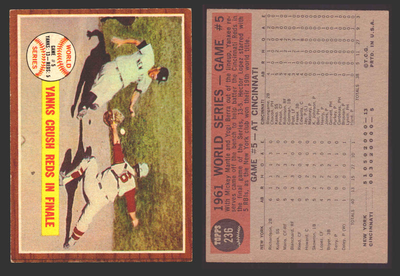 1962 Topps Baseball Trading Card You Pick Singles #200-#299 VG/EX #	236 World Series Game 5 - Yanks Crush Reds In Finale  - TvMovieCards.com
