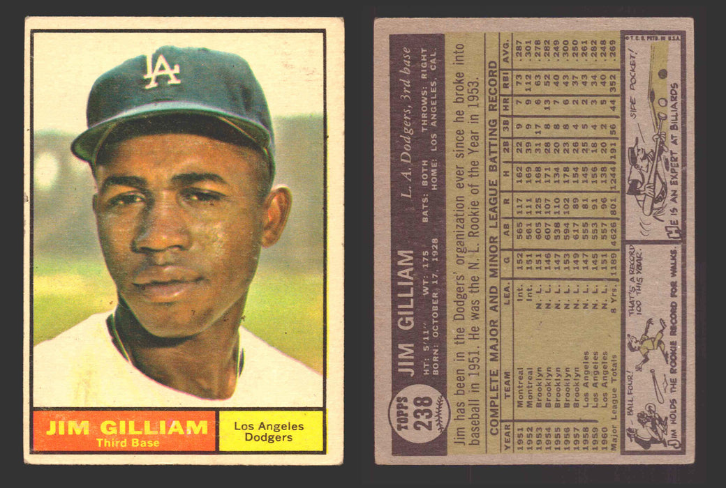 1961 Topps Baseball Trading Card You Pick Singles #200-#299 VG/EX #	238 Jim Gilliam - Los Angeles Dodgers  - TvMovieCards.com