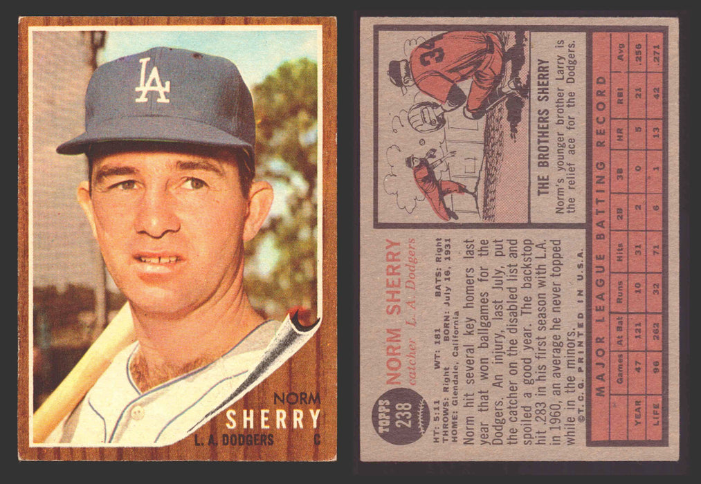 1962 Topps Baseball Trading Card You Pick Singles #200-#299 VG/EX #	238 Norm Sherry - Los Angeles Dodgers  - TvMovieCards.com