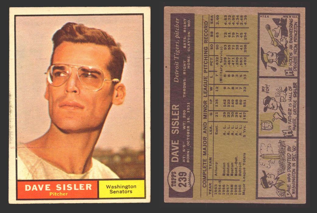 1961 Topps Baseball Trading Card You Pick Singles #200-#299 VG/EX #	239 Dave Sisler - Washington Senators  - TvMovieCards.com