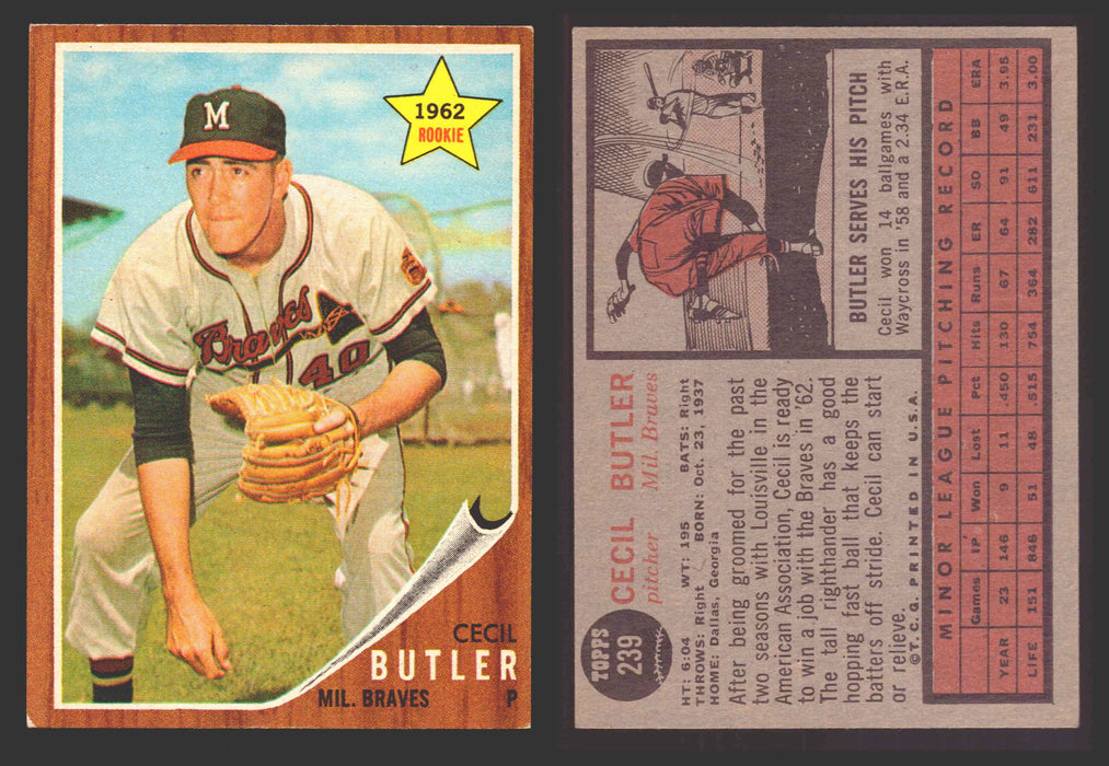 1962 Topps Baseball Trading Card You Pick Singles #200-#299 VG/EX #	239 Cecil Butler - Milwaukee Braves RC  - TvMovieCards.com