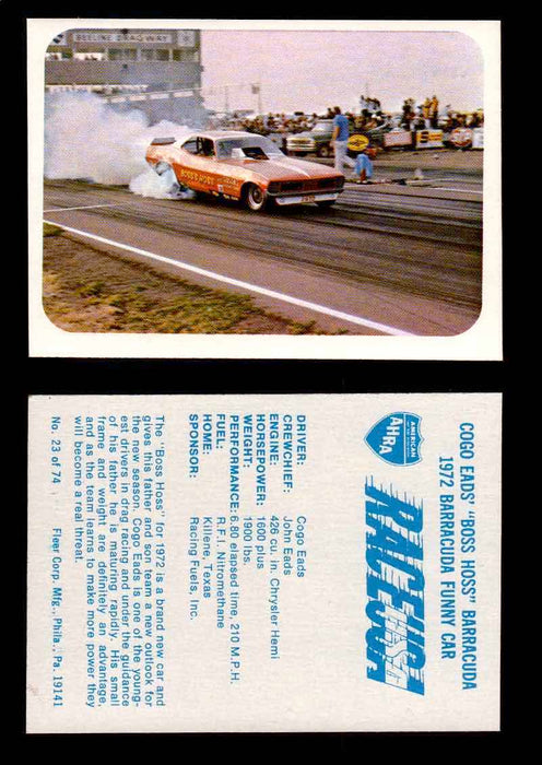 Race USA AHRA Drag Champs 1973 Fleer Vintage Trading Cards You Pick Singles 23 of 74   Cogo Eads' "Boss Hoss" Barracuda  - TvMovieCards.com