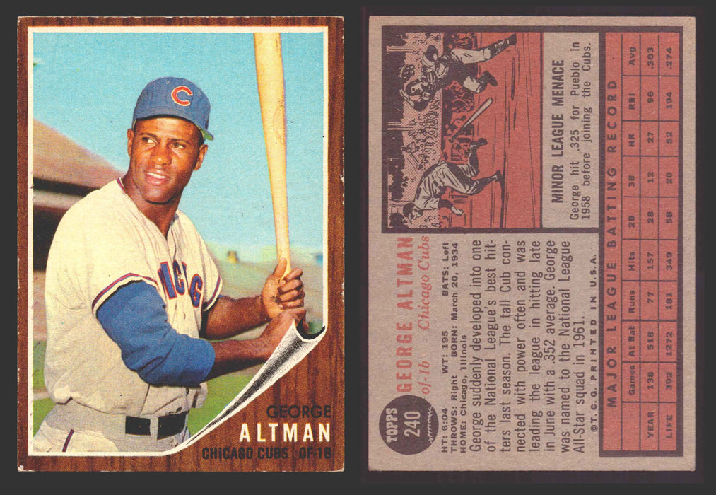 1962 Topps Baseball Trading Card You Pick Singles #200-#299 VG/EX #	240 George Altman - Chicago Cubs  - TvMovieCards.com