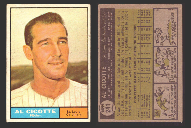 1961 Topps Baseball Trading Card You Pick Singles #200-#299 VG/EX #	241 Al Cicotte - St. Louis Cardinals  - TvMovieCards.com