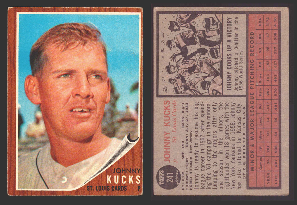1962 Topps Baseball Trading Card You Pick Singles #200-#299 VG/EX #	241 Johnny Kucks - St. Louis Cardinals  - TvMovieCards.com