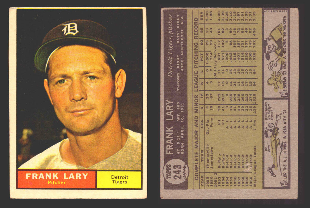 1961 Topps Baseball Trading Card You Pick Singles #200-#299 VG/EX #	243 Frank Lary - Detroit Tigers  - TvMovieCards.com