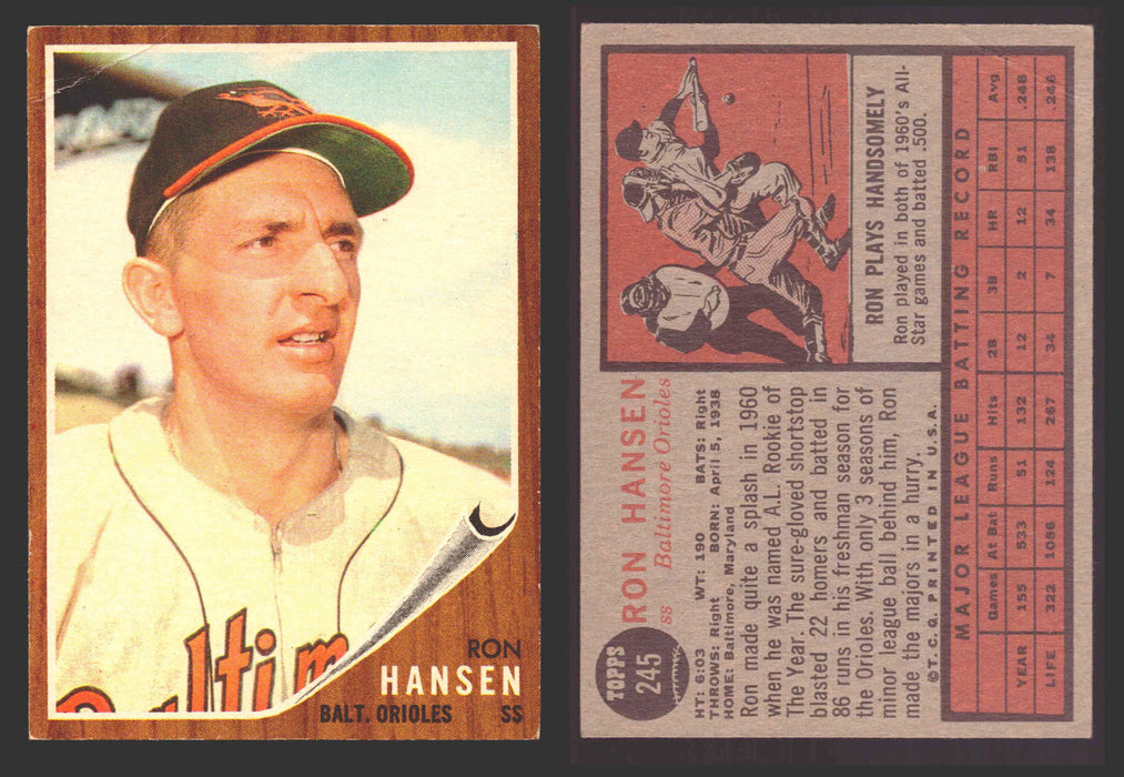 1962 Topps Baseball Trading Card You Pick Singles #200-#299 VG/EX #	245 Ron Hansen - Baltimore Orioles (creased)  - TvMovieCards.com