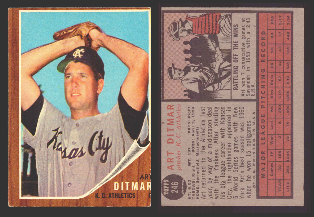 1962 Topps Baseball Trading Card You Pick Singles #200-#299 VG/EX #	246 Art Ditmar - Kansas City Athletics  - TvMovieCards.com
