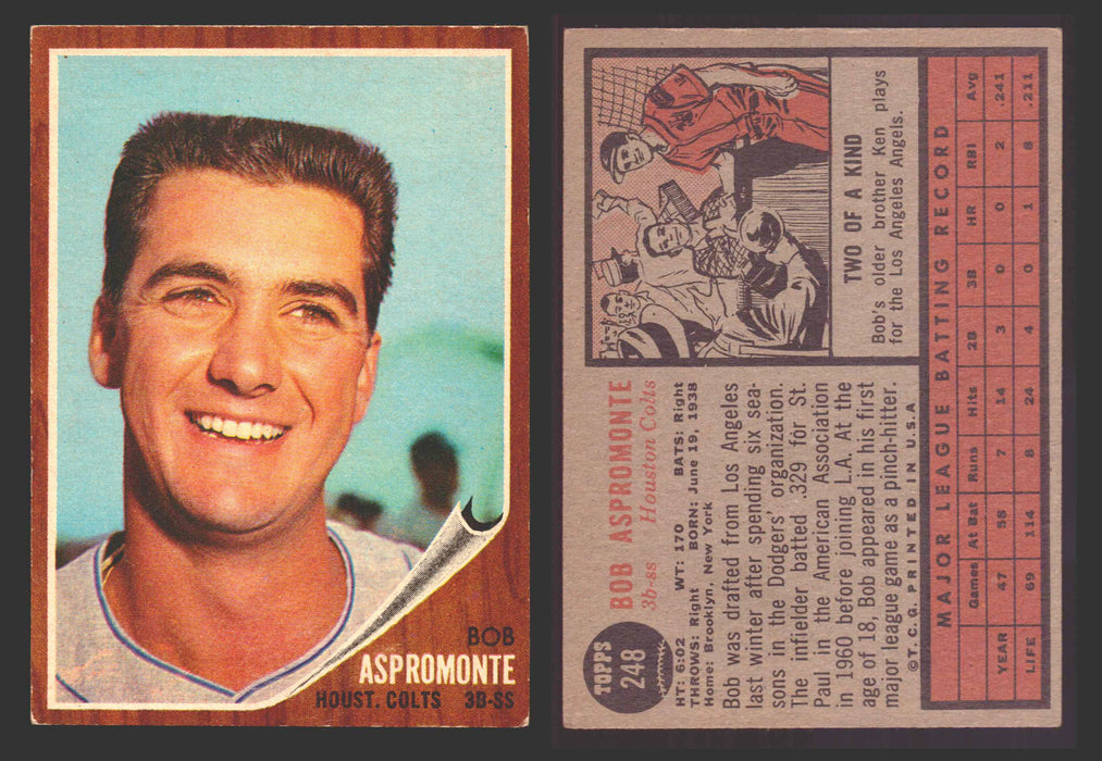 1962 Topps Baseball Trading Card You Pick Singles #200-#299 VG/EX #	248 Bob Aspromonte - Houston Colt .45's  - TvMovieCards.com