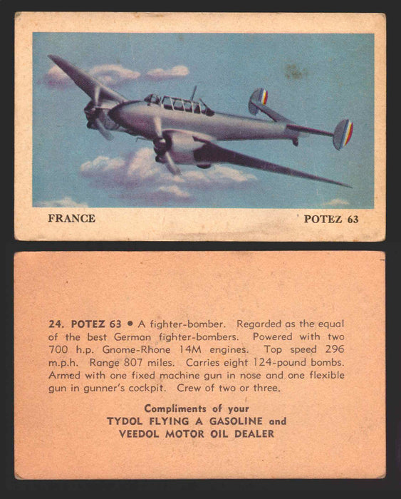 1940 Tydol Aeroplanes Flying A Gasoline You Pick Single Trading Card #1-40 #	24	Potez 63  - TvMovieCards.com