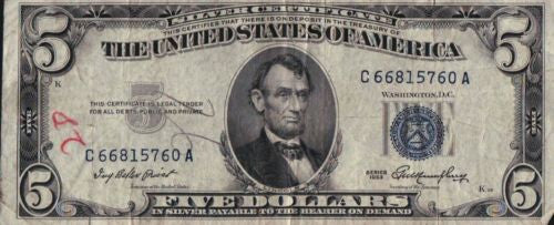 (3) 1953 Fr 1655 $5 Silver Certificates Blue Seal Lincoln Priest and Humphrey   - TvMovieCards.com