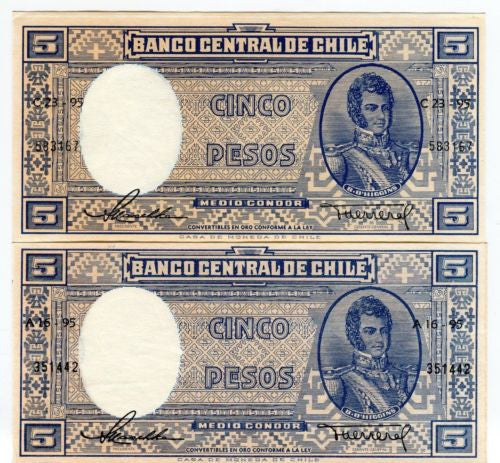 1958-59 Banco Central De Chile 5 Pesos Banknote Pick 119   - TvMovieCards.com