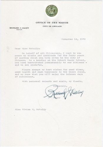 Richard J Daley Chicago Mayor Signature Letter November 14, 1972   - TvMovieCards.com