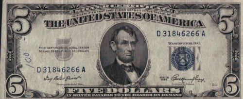 (3) 1953 Fr 1655 $5 Silver Certificates Blue Seal Lincoln Priest and Humphrey   - TvMovieCards.com