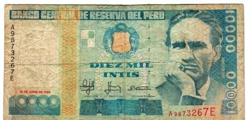 1988 Banco Central De Reserva Del Peru 10000 Diez Mil Intis Banknote Pick 140   - TvMovieCards.com