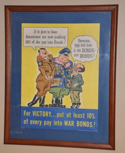 1942 WWII US War Bond Poster Hitler Framed "For Victory 10%" 21" x 16"   - TvMovieCards.com