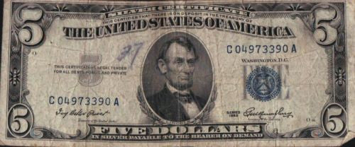 (3) 1953 Fr 1655 $5 Silver Certificates Blue Seal Lincoln Priest and Humphrey   - TvMovieCards.com