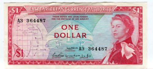 1965 East Caribbean Currency Authority $1 Pick 13A Signature 1   - TvMovieCards.com