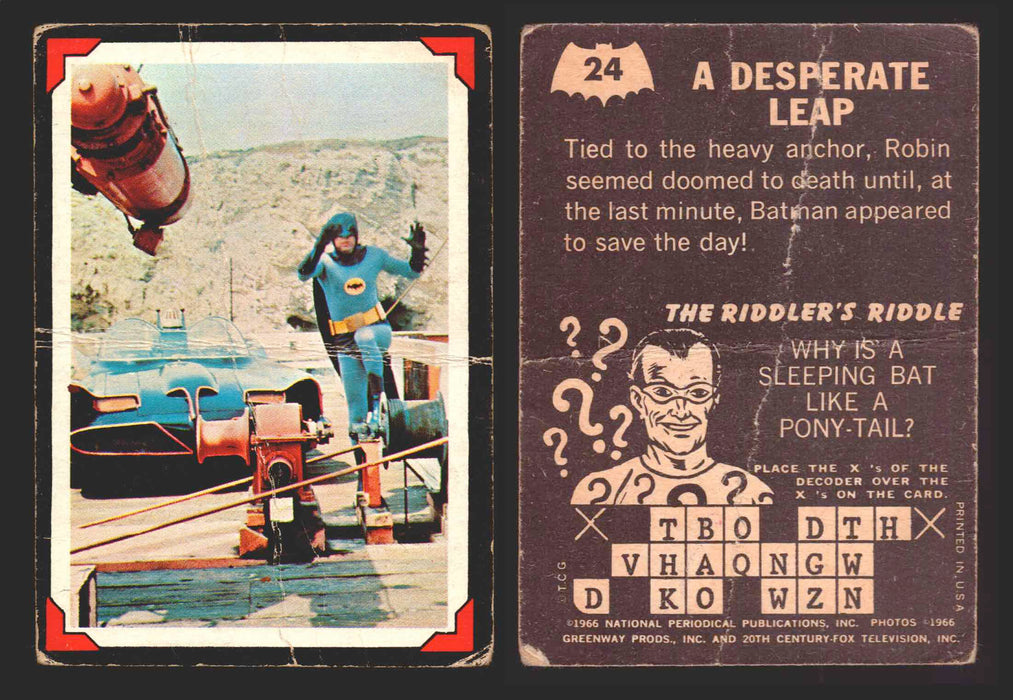 Batman Riddler Back Vintage Trading Card You Pick Singles #1-#38 Topps 1966 #	 24   A Desperate Leap  - TvMovieCards.com
