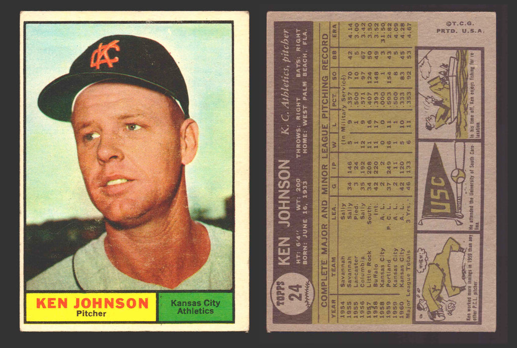 1961 Topps Baseball Trading Card You Pick Singles #1-#99 VG/EX #	24 Ken Johnson - Kansas City Athletics  - TvMovieCards.com