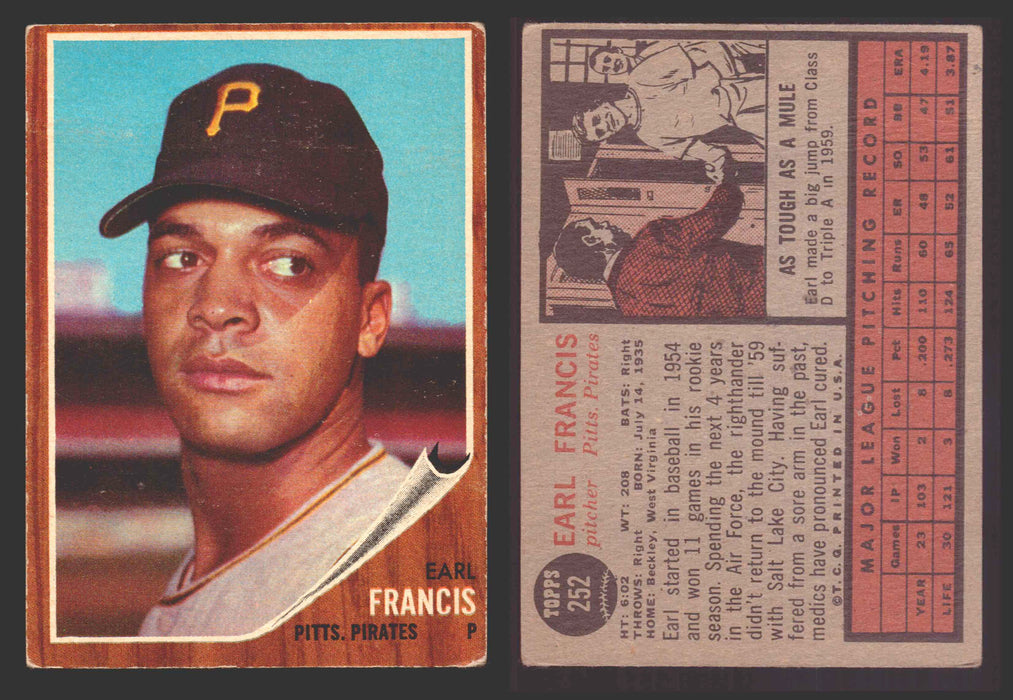 1962 Topps Baseball Trading Card You Pick Singles #200-#299 VG/EX #	252 Earl Francis - Pittsburgh Pirates  - TvMovieCards.com