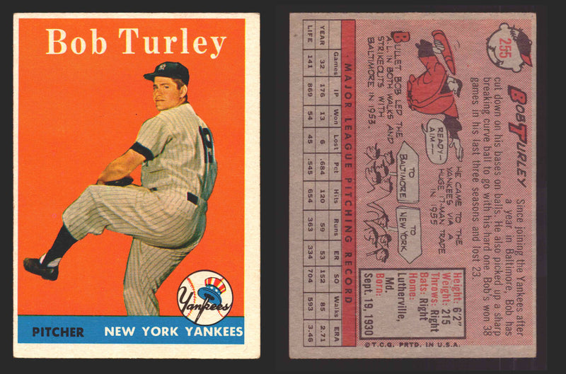 1958 Topps Baseball Trading Card You Pick Single Cards #1 - 495 EX/NM #	255	Bob Turley  - TvMovieCards.com