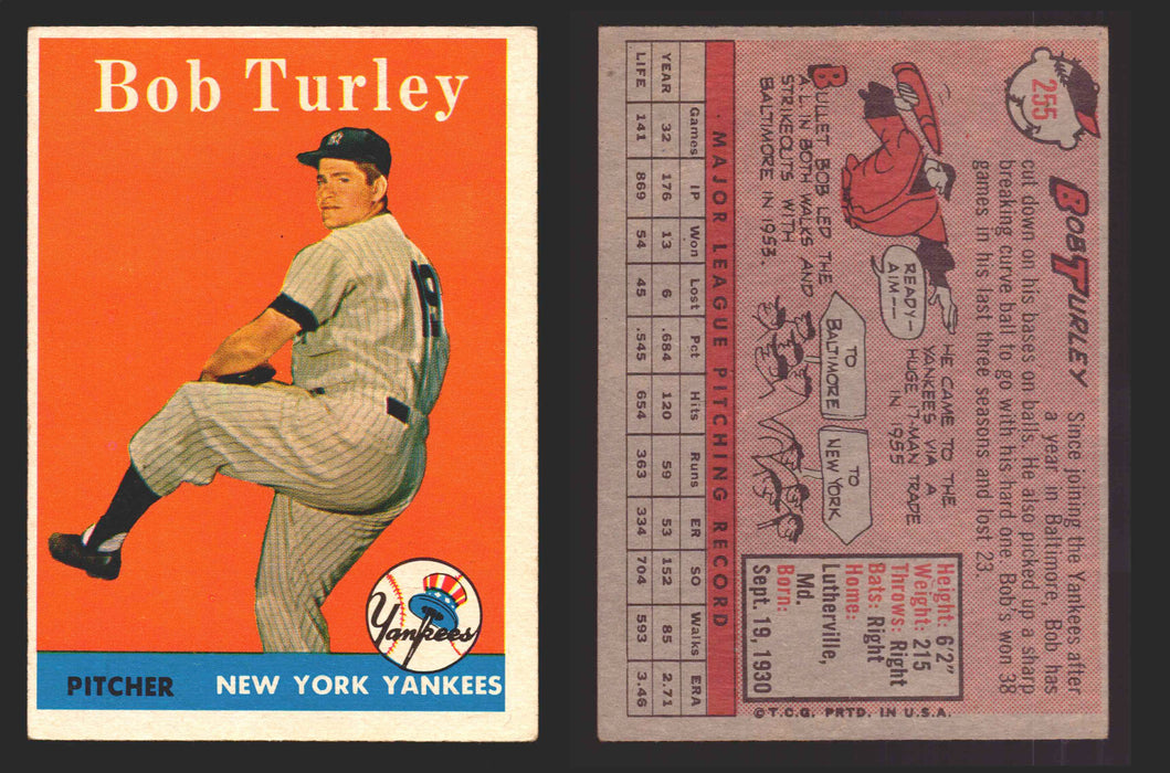 1958 Topps Baseball Trading Card You Pick Single Cards #1 - 495 EX/NM #	255	Bob Turley  - TvMovieCards.com