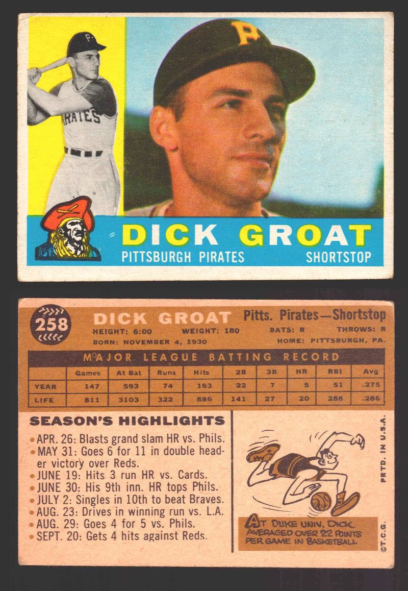 1960 Topps Baseball Trading Card You Pick Singles #250-#572 VG/EX 258 - Dick Groat  - TvMovieCards.com
