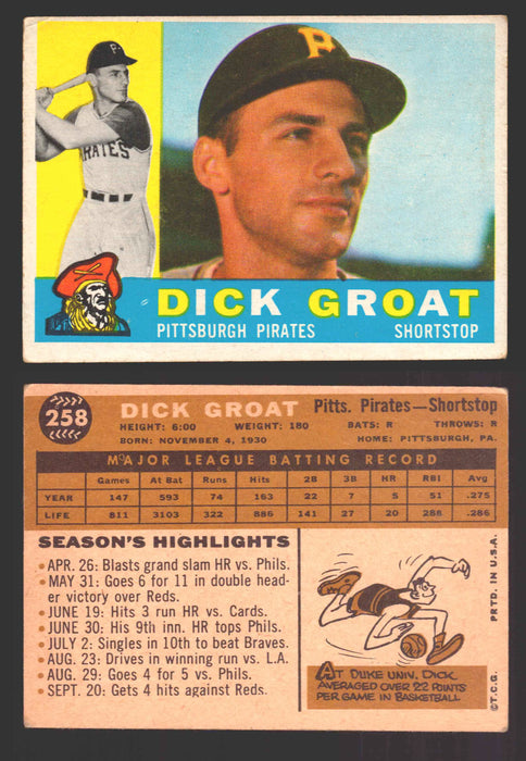 1960 Topps Baseball Trading Card You Pick Singles #250-#572 VG/EX 258 - Dick Groat  - TvMovieCards.com