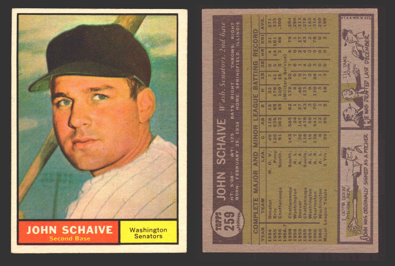 1961 Topps Baseball Trading Card You Pick Singles #200-#299 VG/EX #	259 John Schaive - Washington Senators RC  - TvMovieCards.com