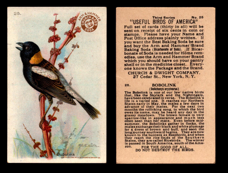 Birds - Useful Birds of America 3rd Series You Pick Singles Church & Dwight J-7 #25 Bobolink  - TvMovieCards.com